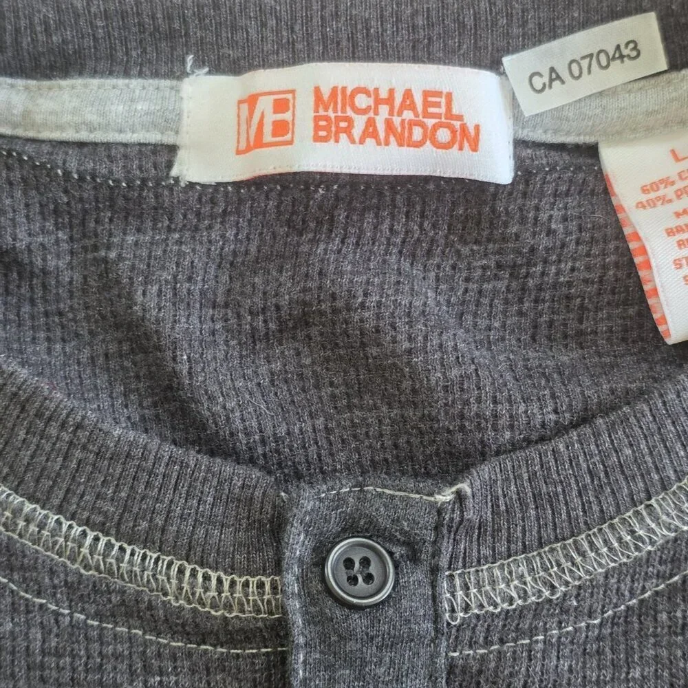 Michael Brandon Henley Men L Gray Cotton Blend Texture LS Casual Cottage Classic